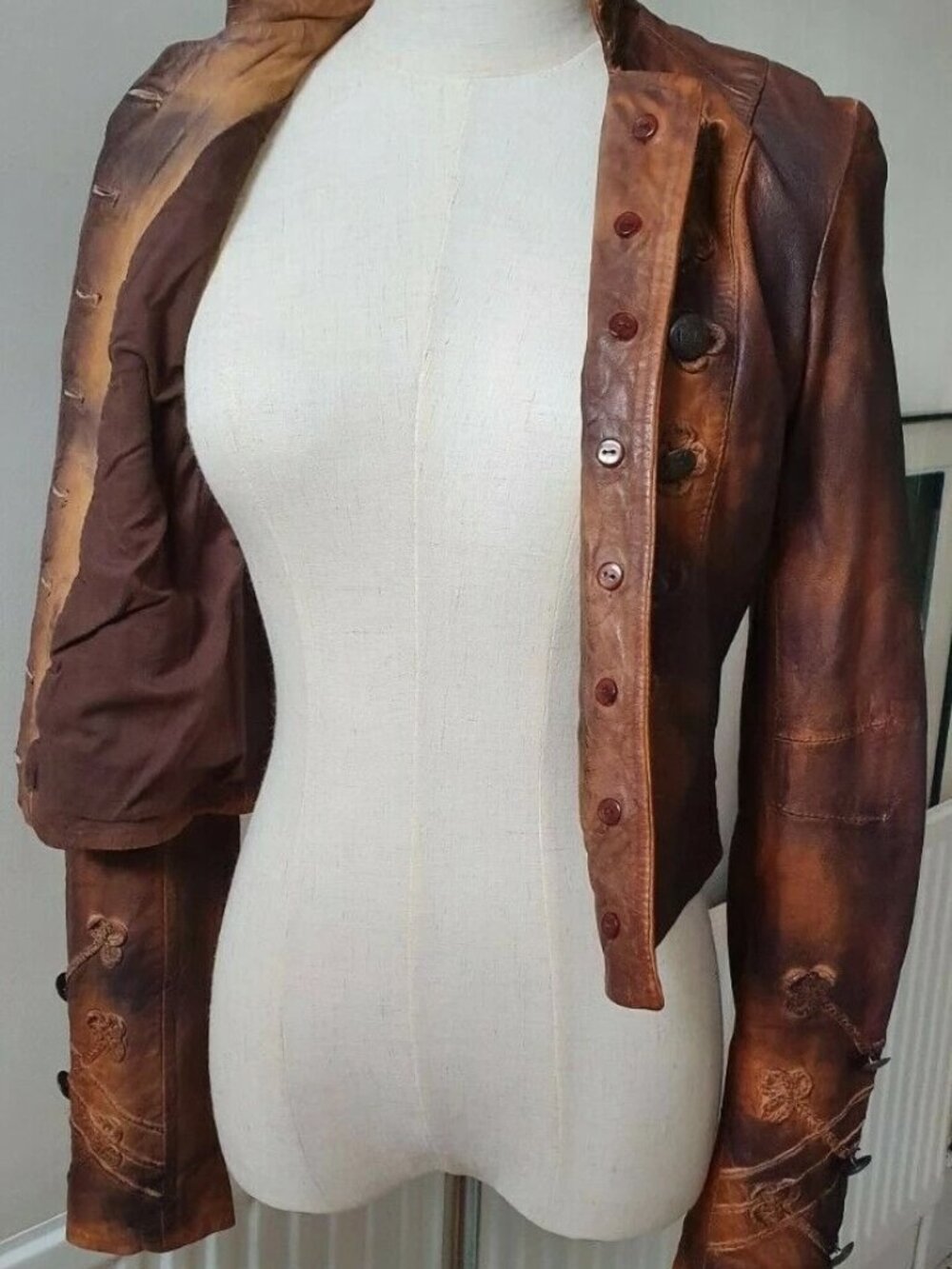 All Saints Spitalfields Brown Leather Brocade Military Jacket - Picture 2 of 2